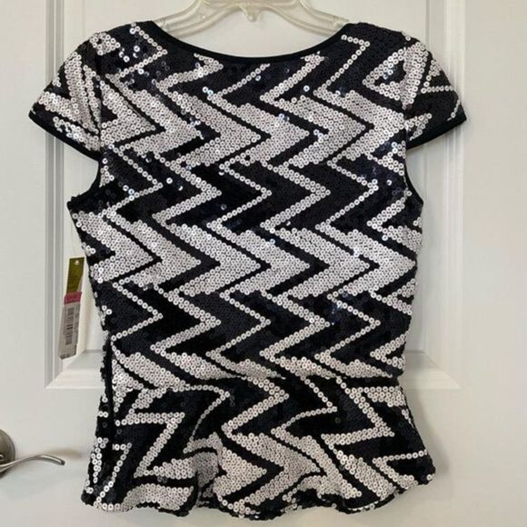 Gianni Bini Charlotte Sequin Chevron Peplum‎ Blouse - Picture 2 of 3